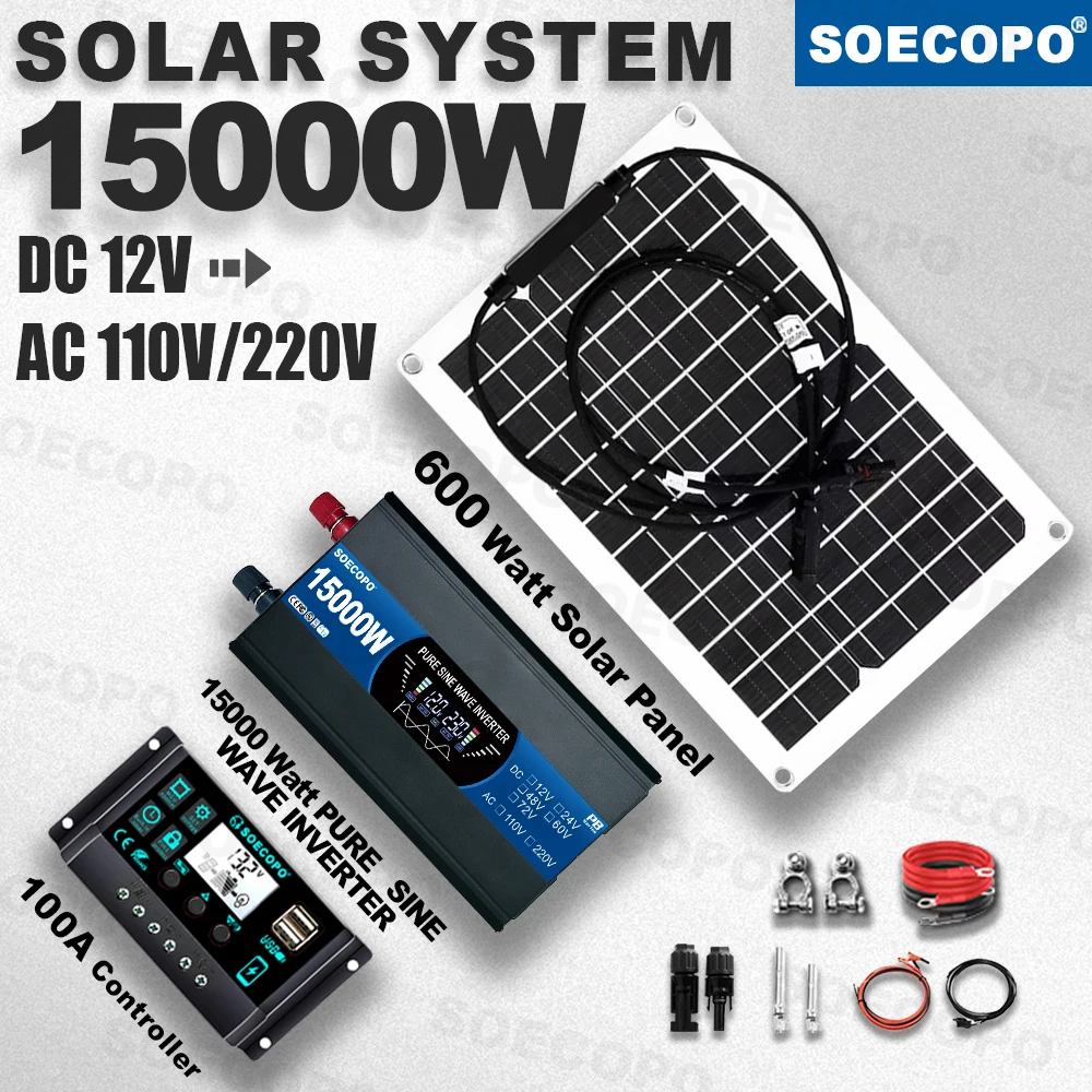 

Pure Sine Wave Inverter 15000W Solar System Kit 100A Controller DC12V to AC110/220V Flexible Panel for RV Boat Camping Backup