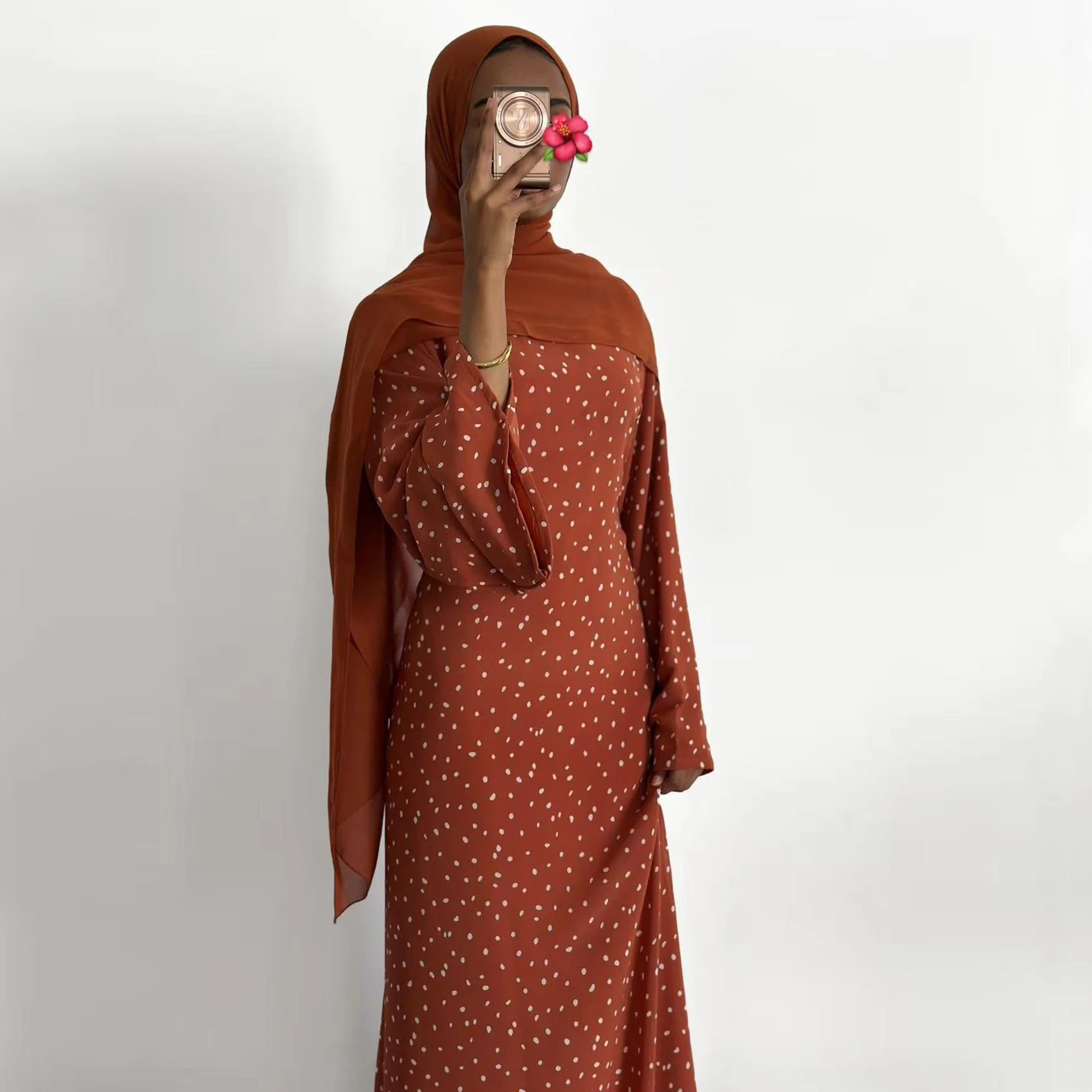 

Flecks Print Regular-Fit Modest Muslim Women Abaya Dress Ramadan Eid Hijabi Islamic Clothes-O Neck Zip Back, Long Wide Sleeves