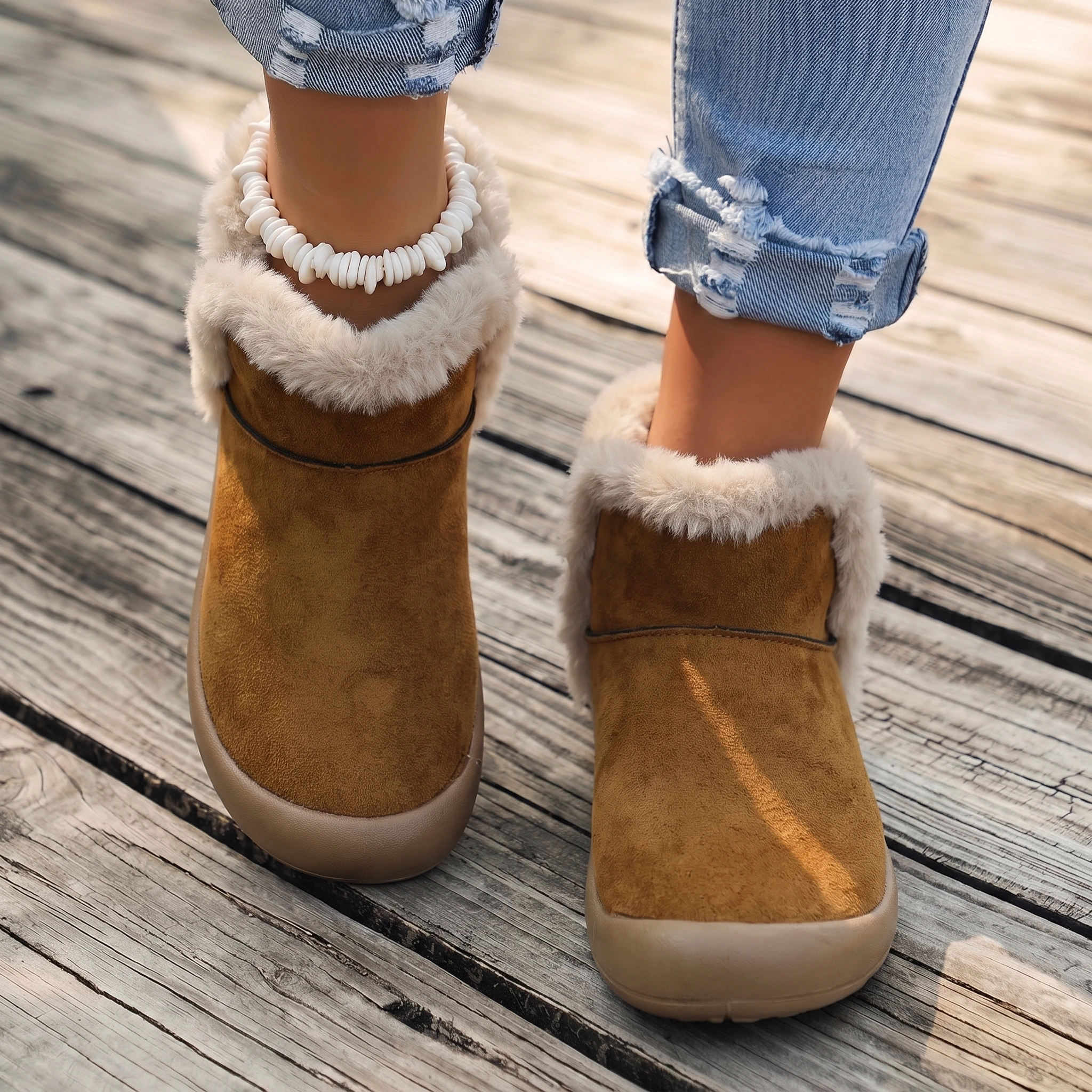 French Vintage Fleece Lined Short Boots Autumn Winter Korean Style Waterproof Anti-Slip Comfortable Lightweight Slip-On Cotton S