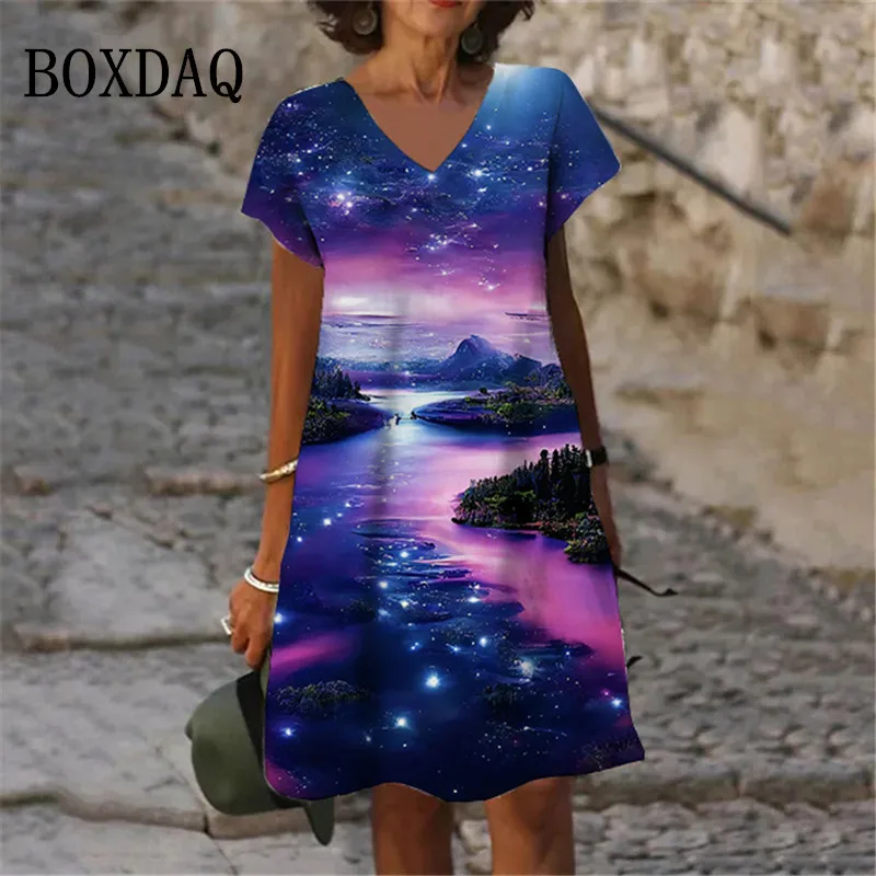 Landscape Starry Sky Dresses For Women Short Sleeve V-Neck Loose Dress Summer Pattern 3D Print Midi Dress Oversized Clothing