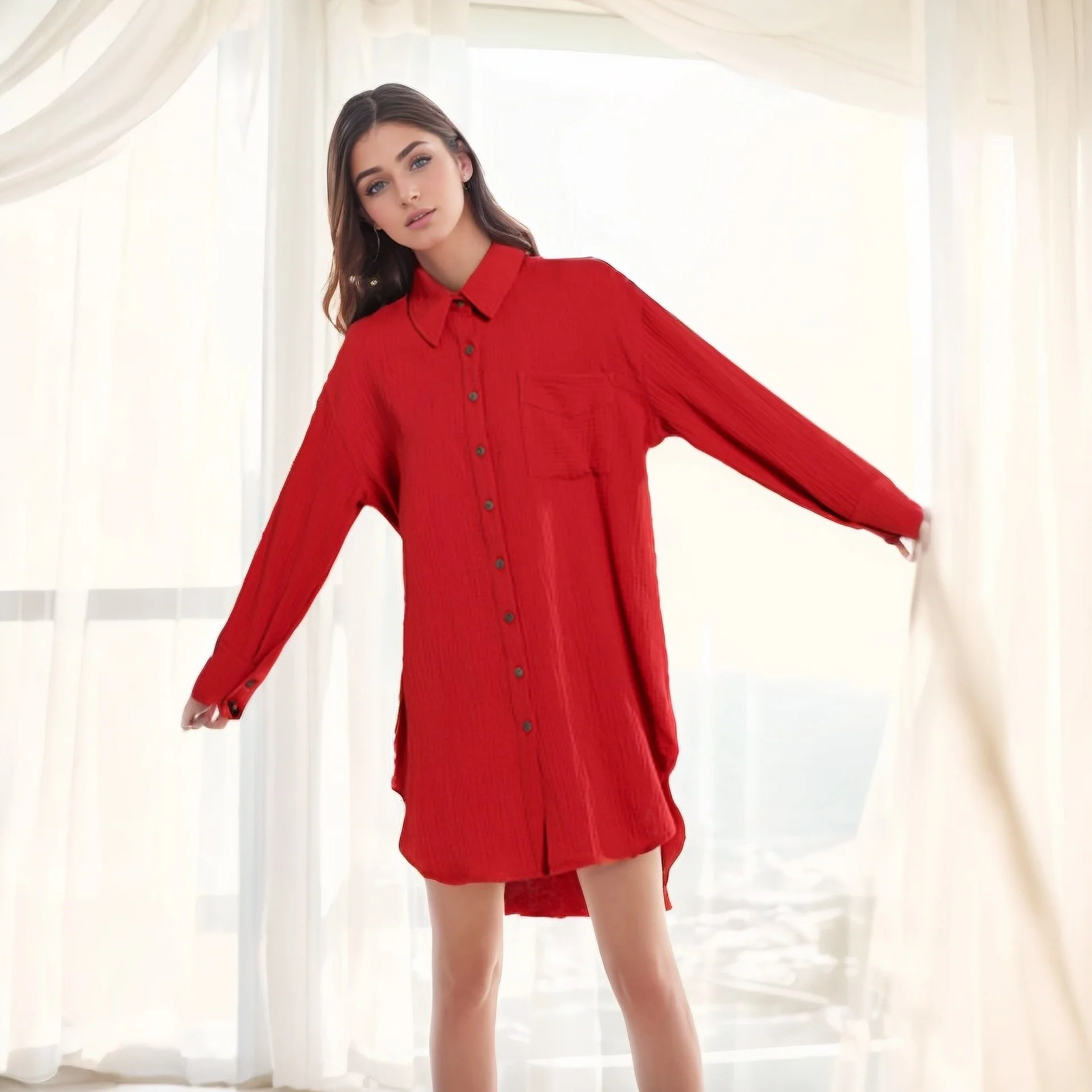 Casual 100% Cotton Red Shirt Autumn Clothes Women 2024 Cardigan Long Sleeve Button Up Shirt Lady Dress Shirts Christmas New Year