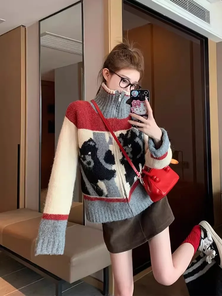 Women Warm Sweater Contrasting Color Stand Up Collar Jacket Thick Stylish Reducing Soft Lazy Worn Outside Knitted Cardigan Top