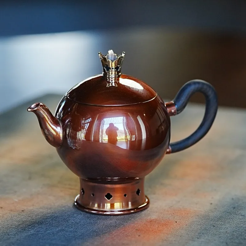 `Handmade Pure Red Copper Teapot Crown Shape Small Gongfu Tea Pot High Foot Copper Kettle for Home Tea Ceremony`