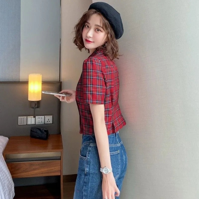 Women Clothes Summer Trend Fashion Vintage Simplicity Plaid Shirts Women's Casual All-match Temperament Short Sleeve Tops