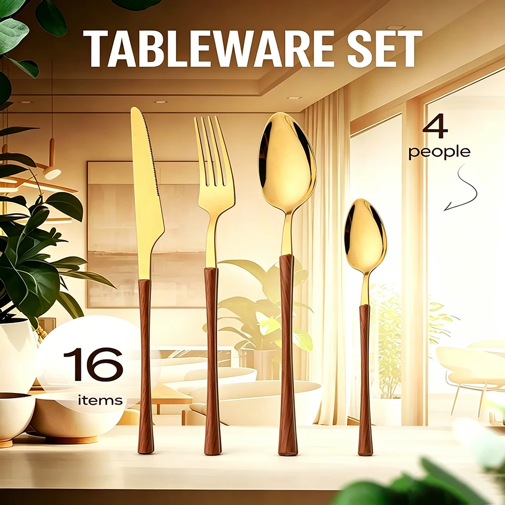 

Imitation Wooden Handle 16Pcs Dinnerware Cutlery Set Stainless Steel Tableware Western Knife Fork Spoons Silverware Flatware