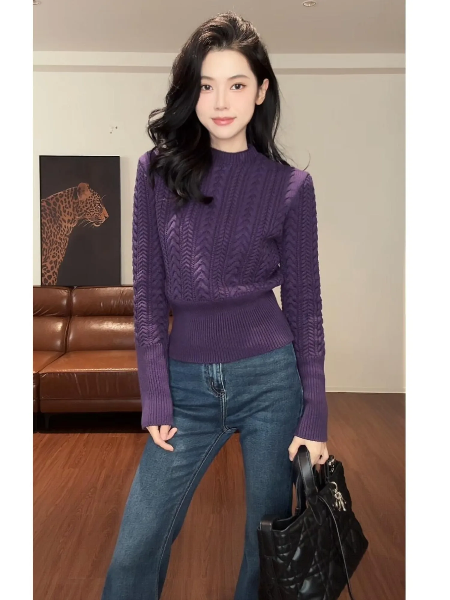 Women's Thiened Knitted Sweater Autumn Winter Casual Sle Turtlene Twist Waist Inward Wearing Long Sve round Ne Top
