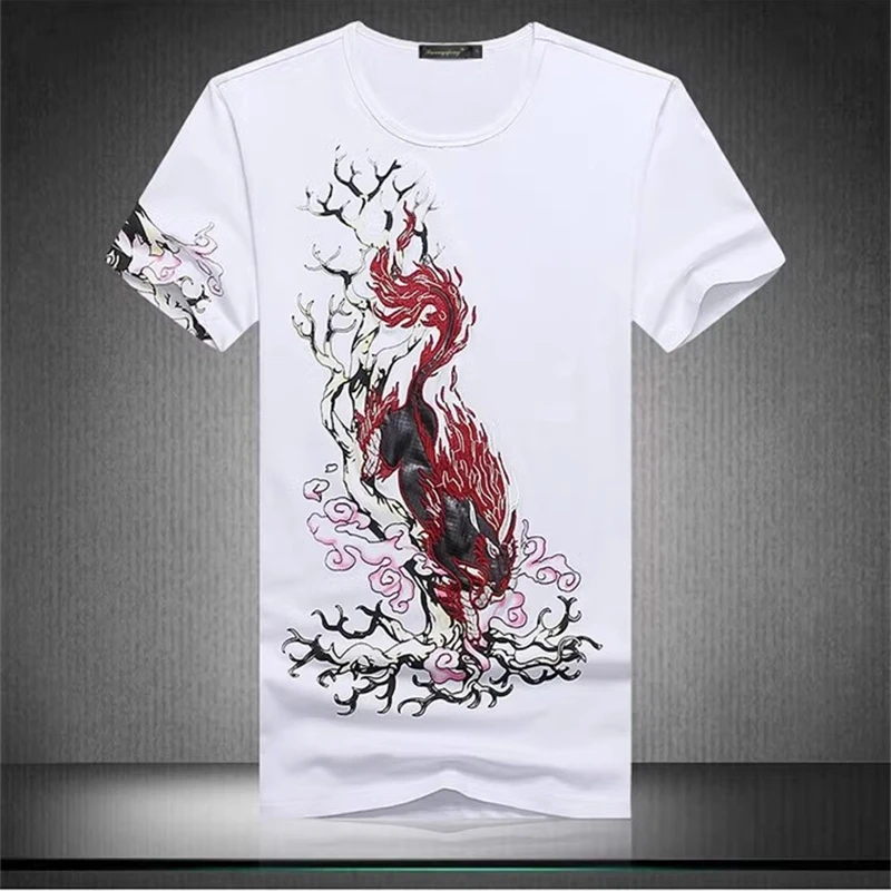 Embroidery Dragon Pattern T Shirt For Men Short Sleeve Slim Fit Summer Top Quality Cotton Casual Luxury Tees Camisetas De Hombre