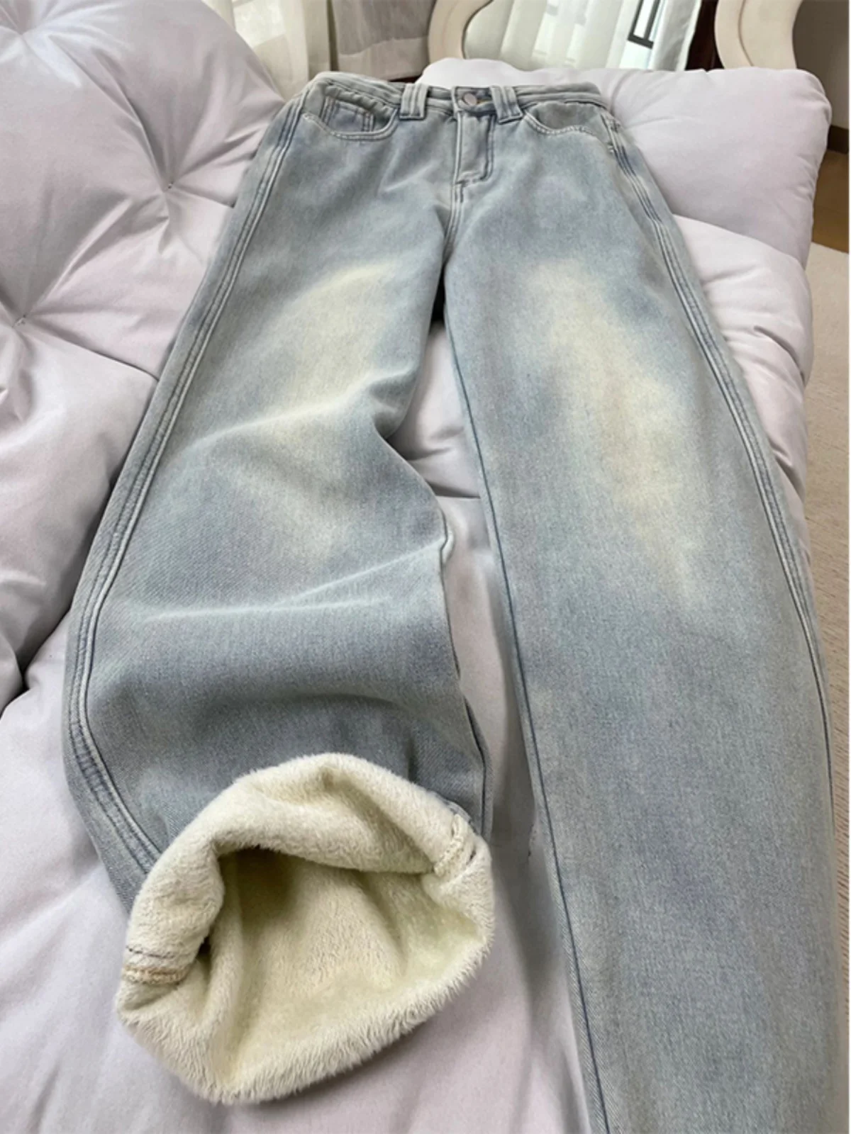 기모 기모 데님 청바지 데님 청바지 데님 바지 기모 두꺼운 넉넉한 루즈핏 높은 허리 스트레이트 와이드 레그 와이드 팬츠 데님 청바지 데님 바지 청바지