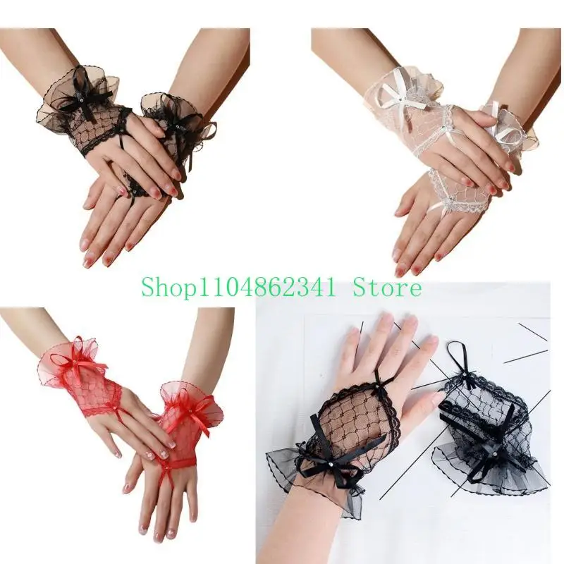 

652F Elegant Lady Lace Cuffs With Bowknot Rosette Lace For Party Or Cosplay
