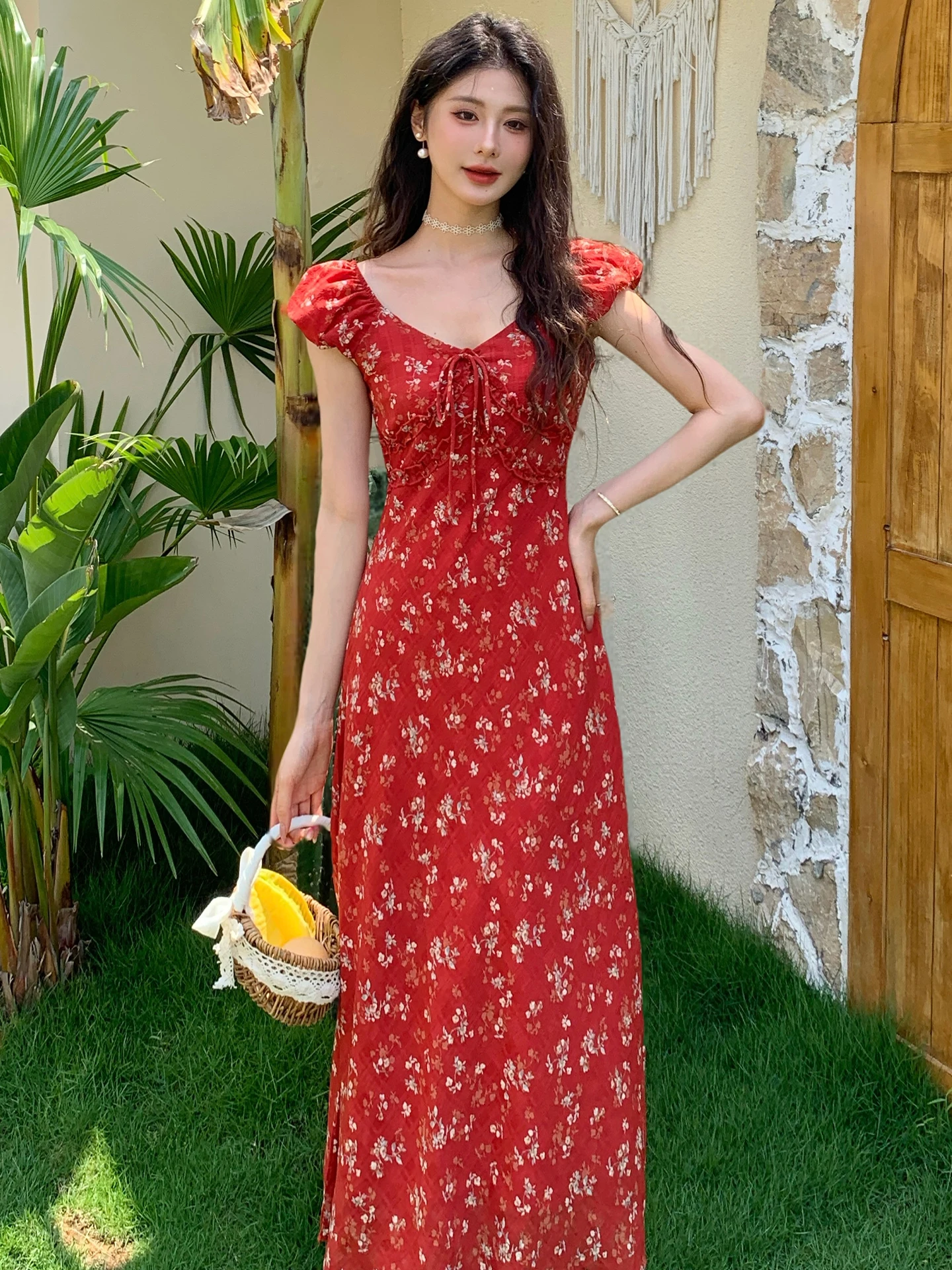 الأحمر الأزهار طباعة ماكسي الدكتور V-Ne الصيف شاطئ Vaion ثوب نسائي الجنية T مثل ألف خط تنورة فقاعة Sve عالية الخصر