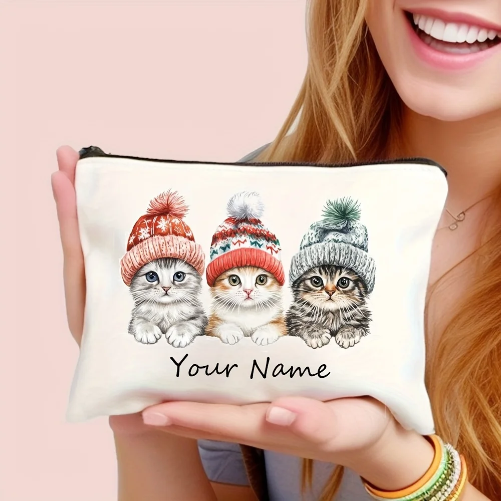 Custom Name Winter Kittens Makeup Bag Cute Cats With Knit Hats Print Zipper Cosmetic Pouch Travel Storage Bag Animal Lover Gift