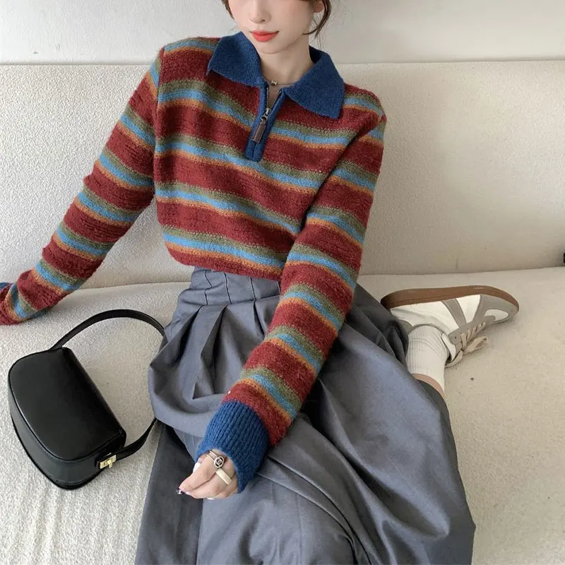 American Retro Striped Knitted Jumpers Women\'s Clothing Polo-Neck Zipper Autumn Winter Basic Stylish Contrasting Colors Sweaters