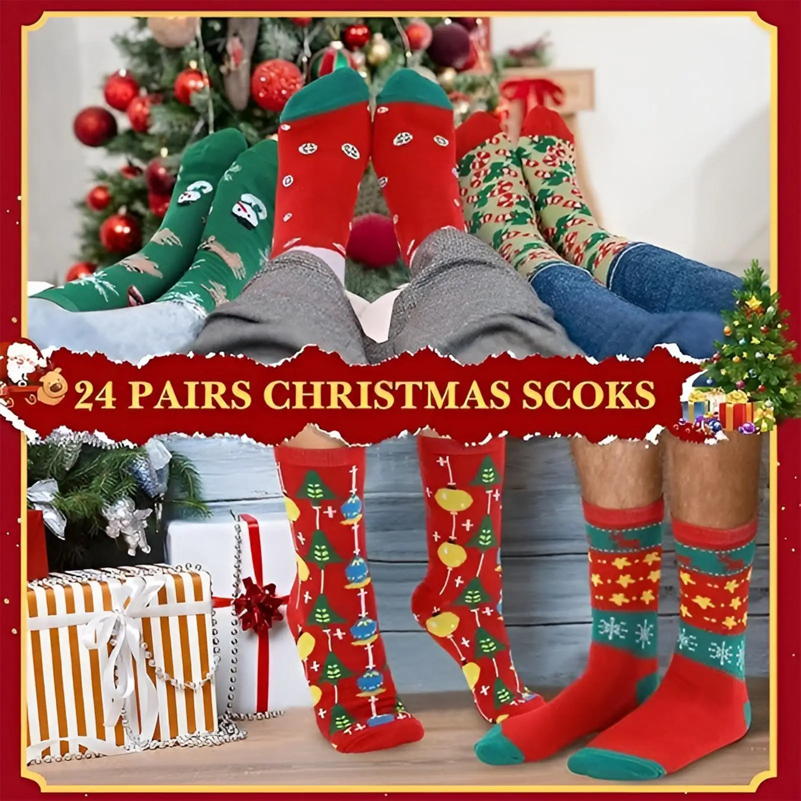 

24-дневный Адвент, 24 пары рождественских носков, календарь обратного отсчета, узор снеговика, домашний декор для взрослых, камин, передняя дверь, окно