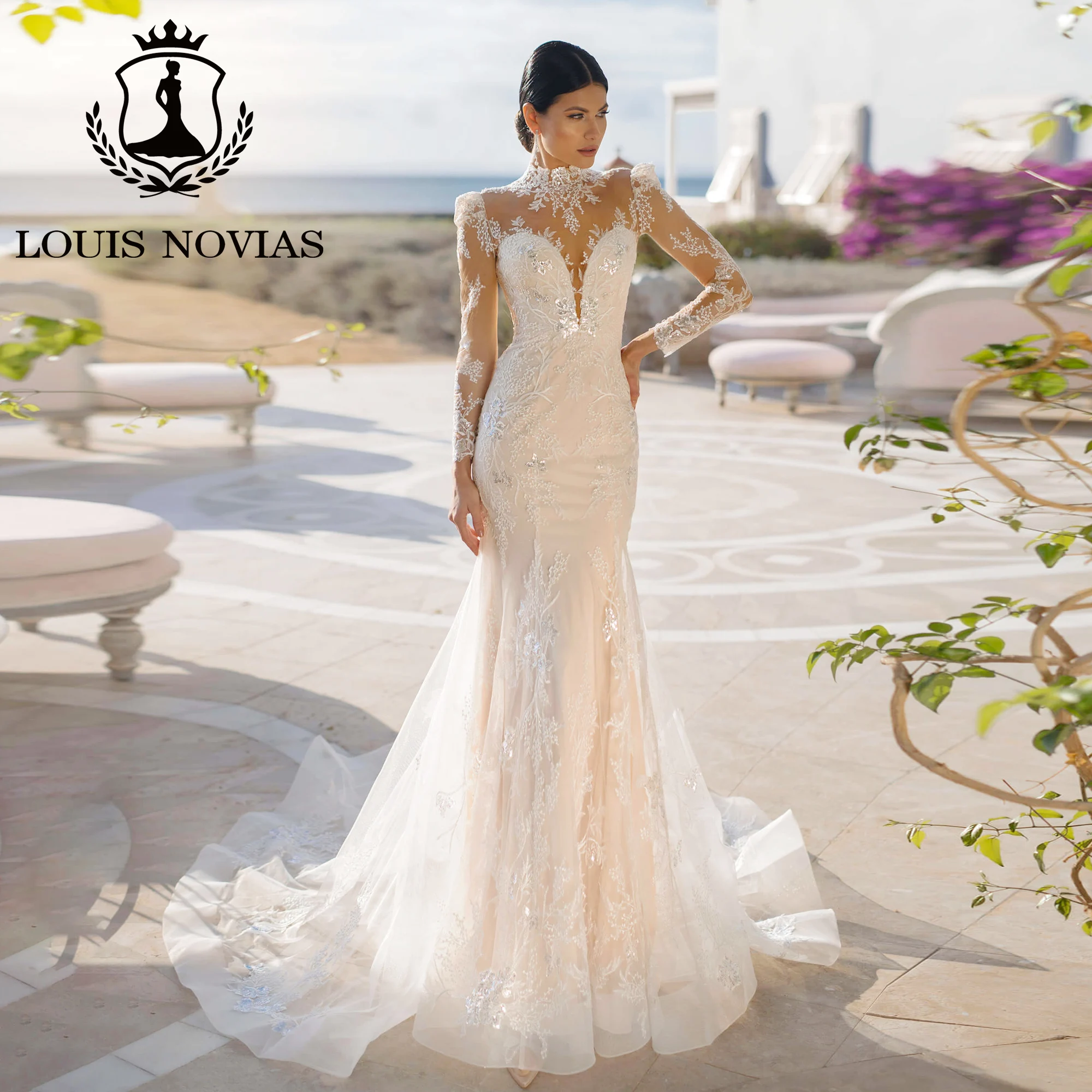 

LOUIS NOVIAS Mermaid Wedding Dresses For Women 2023 O-Neck Appliques Sequined Illusion Brush Train Wedding Gown Vestido De Novia