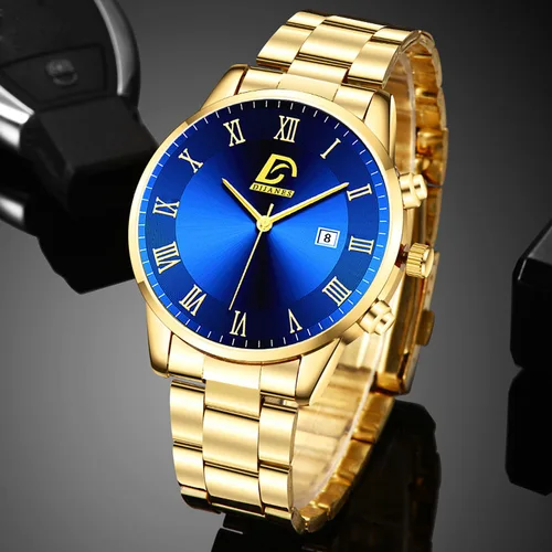 Imagen 2 del producto 6P/Set Conjunto de reloj de cuarzo dorado para hombre, conjunto de reloj de moda informal de negocios dorado para hombre