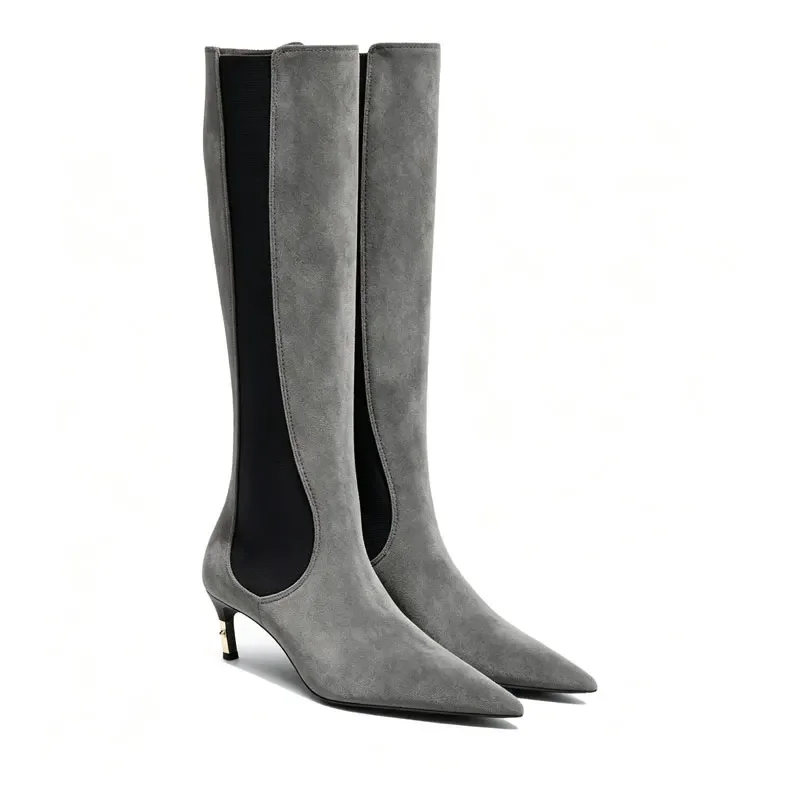2026 New Low Heel Knee High Boots with Pointed Kitten Heels and Elastic Fabric Autumn and Winter Fashionable Mid Length Boots
