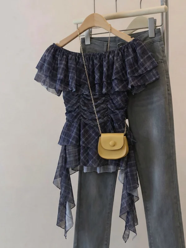 

Dark Blue Plaid Ruffle Shoulder Shirt Women's Summer New plus Size Sweet Spicy Small Shirt Chiffon Top Korean Style Commute Wind