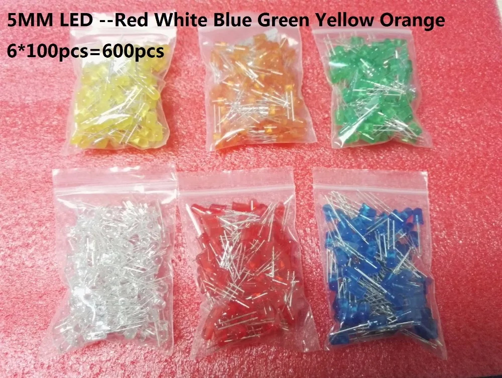 6 Colour*100pcs F5 Led Kits Red Green Yellow Blue White Orange 5MM LED Diode Kit Mixed Color Kit 600pcs=6 Value Each 600pcs