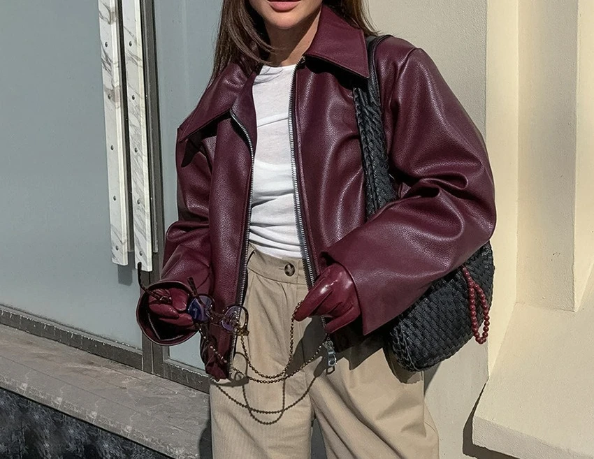 Retro Wine Red Leather Jacket for Women in Autumn 2025 Fashionable Matte Leather Outer Set