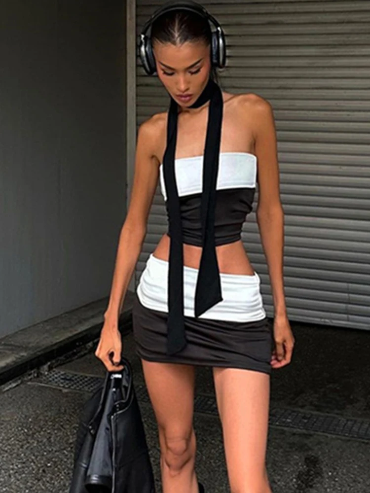 

Macheda Contrast Patchwork 2 Piece Set Women Elegant Strapless Tops+Ruched Mini Skirts Matching Hot Girls Street Classic Outfits