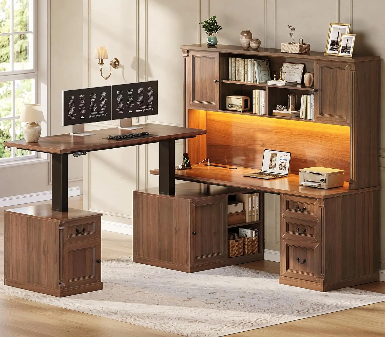 L Shaped Electric Standing Desk Hutch 4 Drawers 106