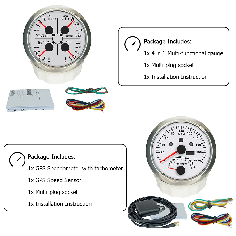 ELING Cars 85mm 2in1 GPS Speedometer KMH MPH with 4in1 Fuel Level 0-10Bar Oil Pressure Water Temp 12V with Alarm with Backlight