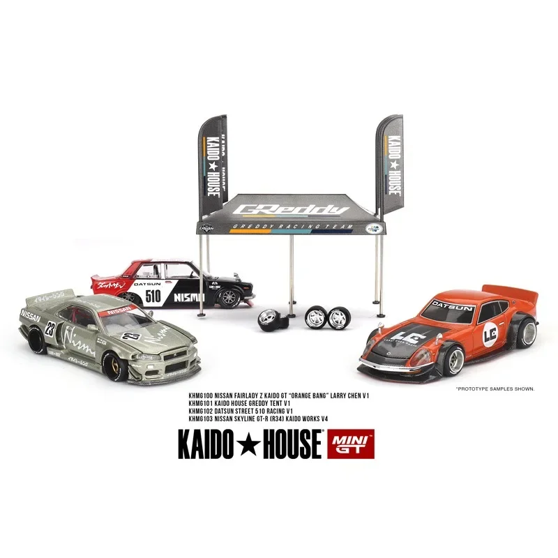 MINIGT 1:64 Kaido House Skyline R34 Carbon TENT V1 Wagon Surf Safari RS Openable Hood Diecast Car Model Miniature KHMGToys