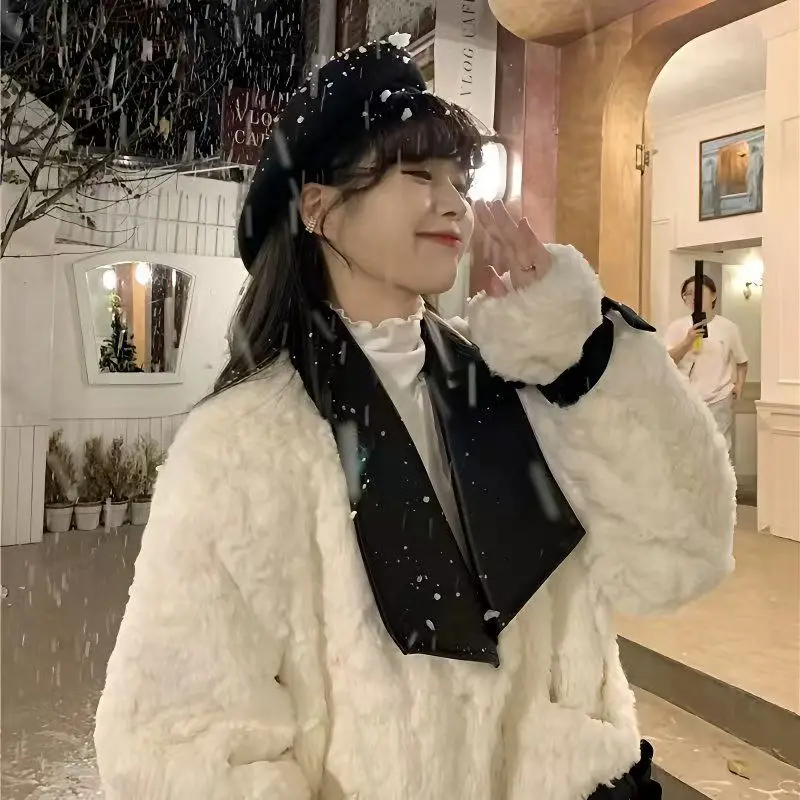 Elegant Korean Women Sweet Bow Faux Lamb Jackets Coat Fashion Long Sleeve Winter Warm Jacket Slim Patchwork Pockets Outwear