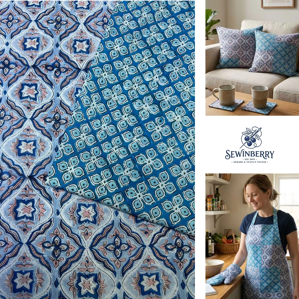 

Hand Block Print Cotton Fabric, Boho Geometric Floral Print, DIY Sewing Material, Blue Ethnic Fabric 100x136cm