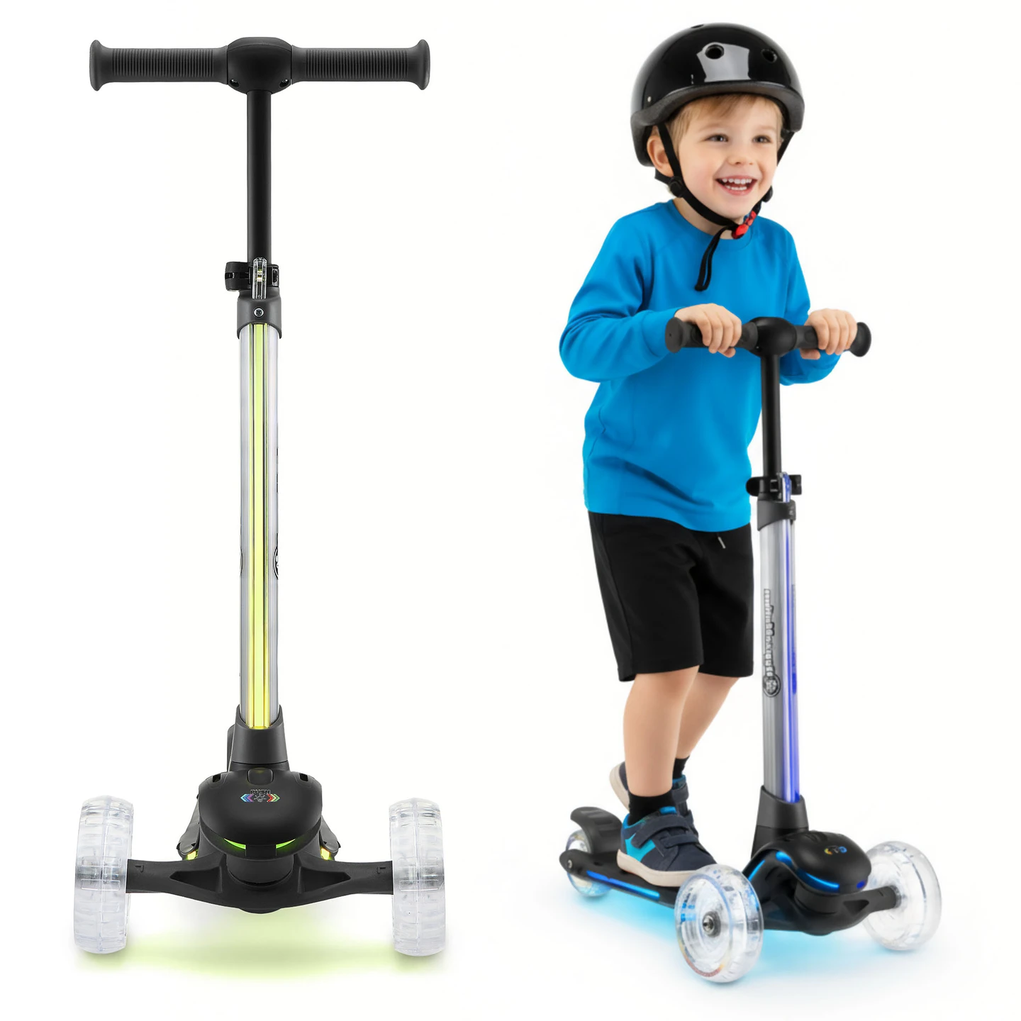 Hypermotion driewielige balansscooter met RGB-ledverlichting, zwart, met verstelbare stuurhendels – 4 hoogte-instellingen, 60-79,5 cm, voor kinderen van 3 tot 8 jaar, maximaal belastbaar tot 50 kg,
