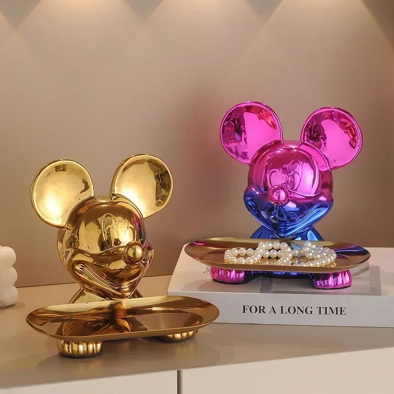 Disney Mickey Mouse Tray Cute Tv Cabinet Luxury Cartoon Ornaments Home Entrance Key Storage Electroplating Decoration Gifts