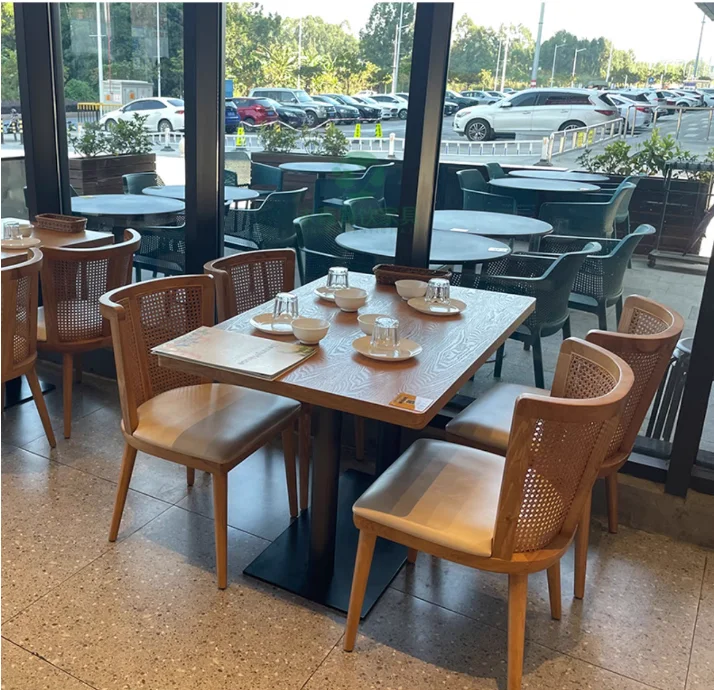 /Commercial table and chair combination retro solid wood rattan restaurant dining chair table set