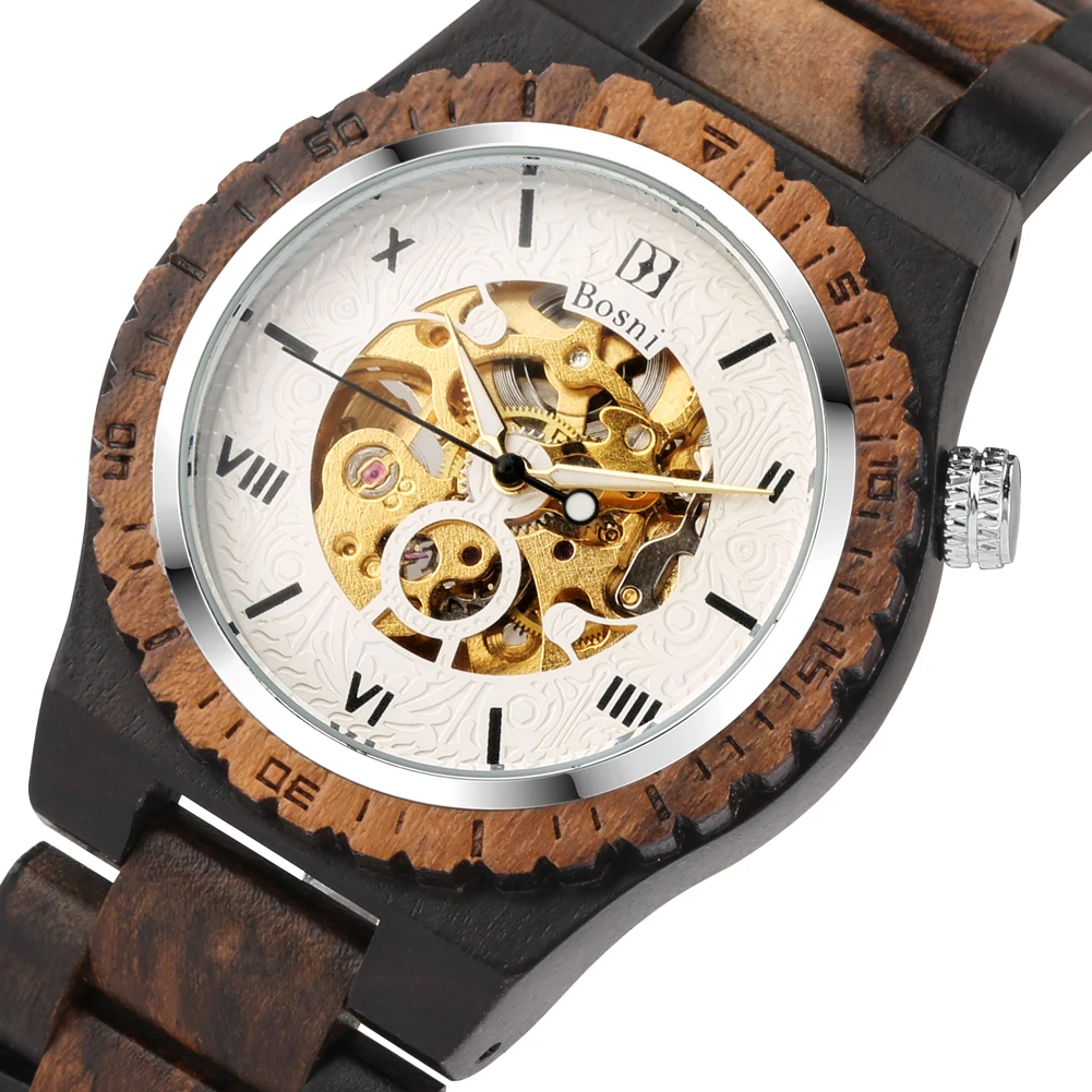 

Full Wooden Automatic Mechanical Men's Watch Roman Numerals Display Folding Clasp Watchband Casual Fashion Wood Wristwatch Gift
