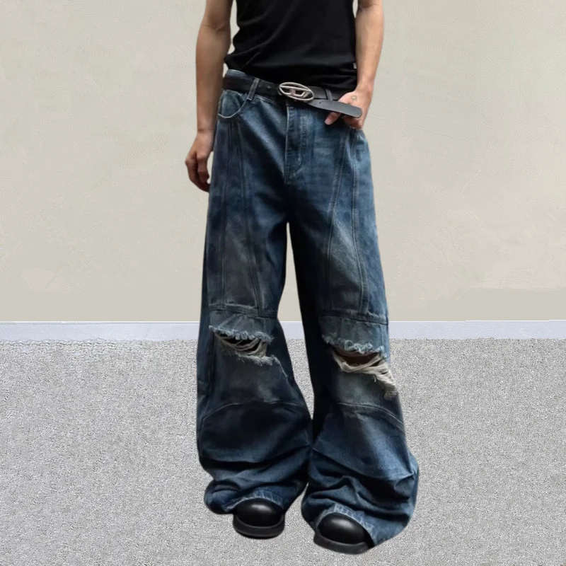 

2025 Ropa Y2K Grunge Vintage Blue Baggy Pleated Ripped Stacked Jeans Pants Men Clothing Distressed Denim Trousers Pantalon Homme