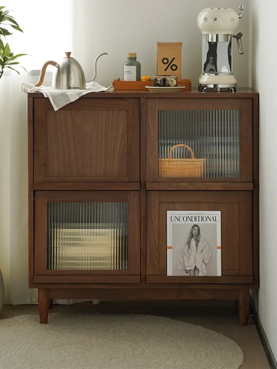 Solid wood magazine cabinet glass sofa side cabinet rattan simple small apartment tea locker