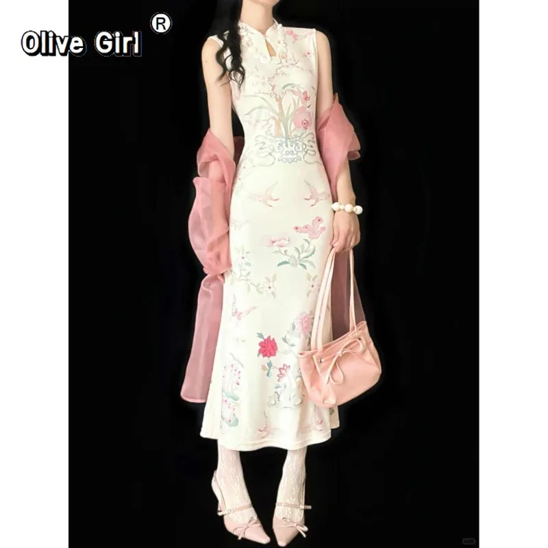 Olivegirl Hanging neck young style sexy modified cheongsam dress for women summer 2026 high-end waist cinc slim long dress