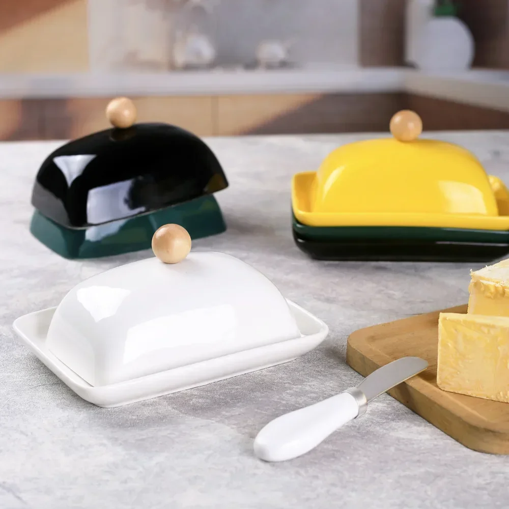 

Ceramic Butter Dish with Lid Western Cheese Butter Box with Stainless Steel Butter Knife Restaurant Decorative Kitchen Supplies