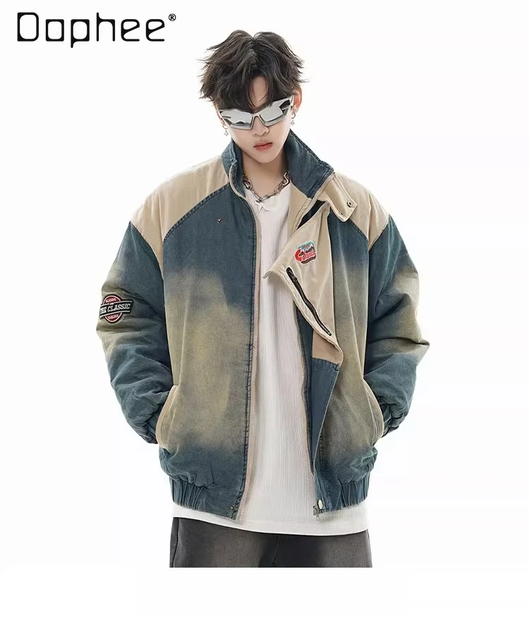 

Autumn Winter New American Retro Men's Patchwork Stand Collar Denim Padded Jacket Couple Design Thickened Blue Cotton Coat