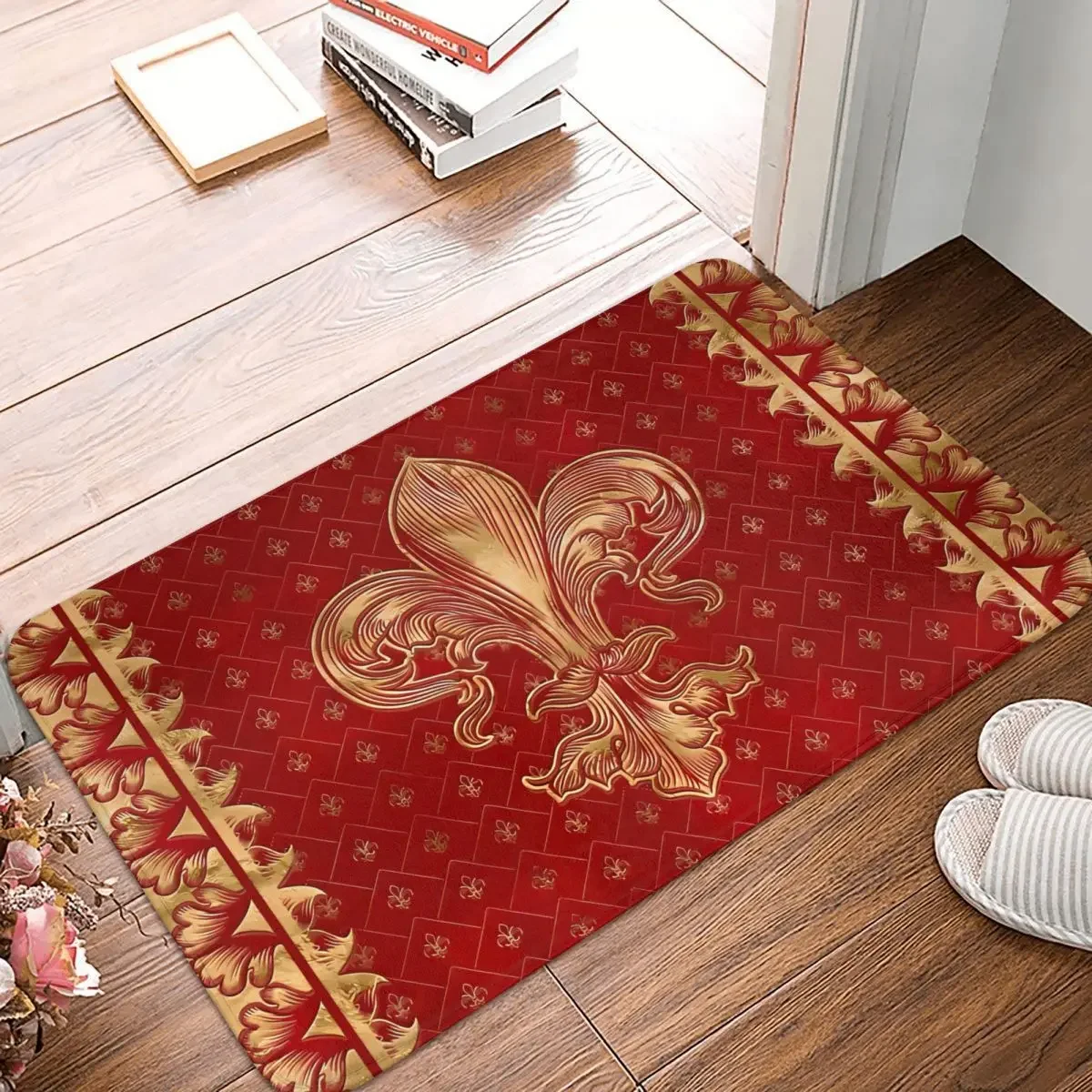 Fleur De Lys Anti-Slip Rug Doormat Living Room Mat Ornament Luxury Red Balcony Carpet Indoor Decor