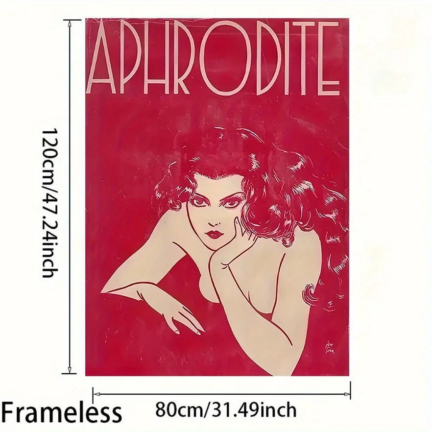 Frameless 1pc Large Modern Canvas Poster -  Red Portrait of Woman with Aphrodite Typography - Frameless Bathroom, Living Room,