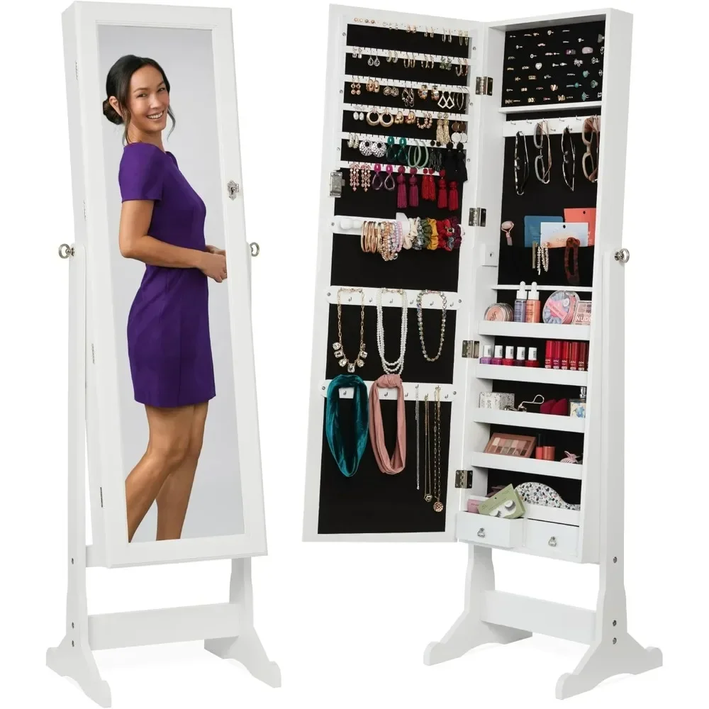 

Freestanding Jewelry Armoire Cabinet, Full Length Standing Mirror, Lockable Makeup Storage Organizer, w/Velvet Lining, 3 Angles