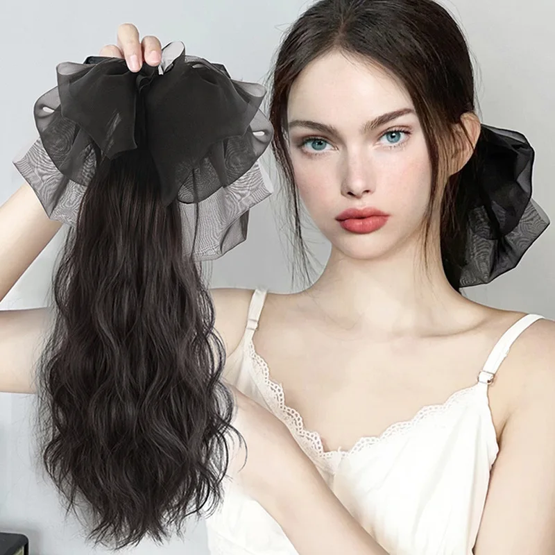 Clip-in ponytail wig with black gauze bow, cloud perm, long curly hair, natural sweet and fluffy water ripple ponytail