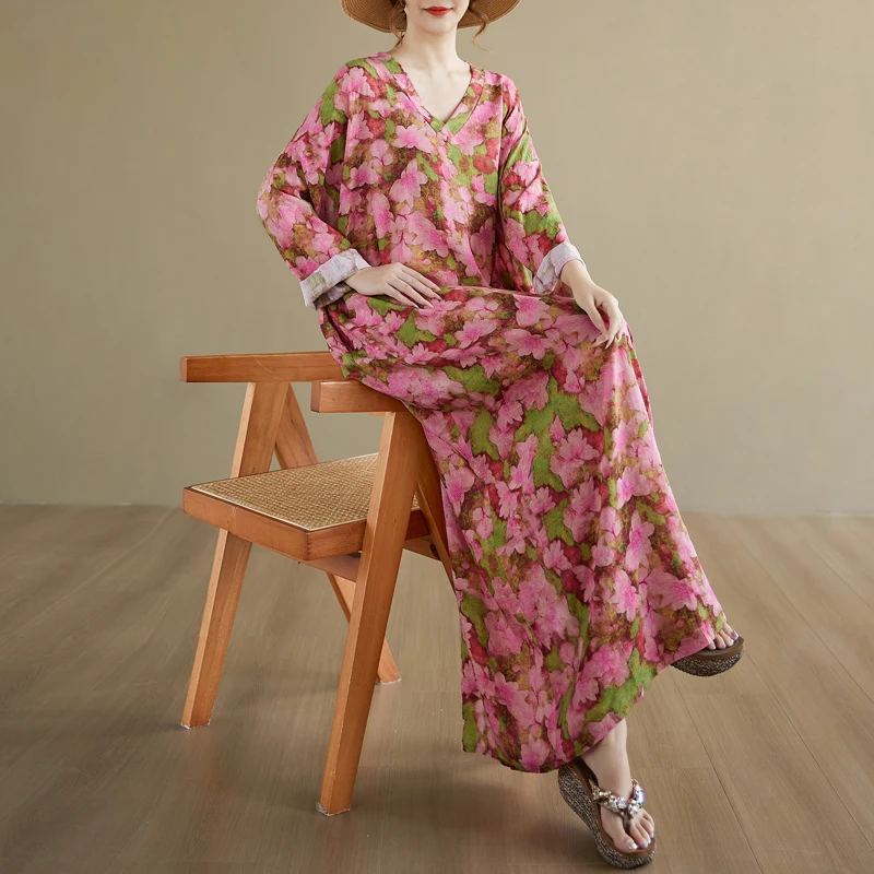 

plus Size Cotton Linen Long Sleeve Printed Dress Vintage Loose Slimming Robe Holiday Long Dress Autumn A-Line Skirt V-Neck