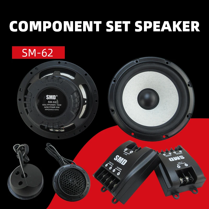 SM-62 Car Audio Speaker 6.5inch 93DB 65HZ-23KHZ 4OHM Component Set included Tweeter /Woofer((NOM 35W MAX 150W)/ Crossover