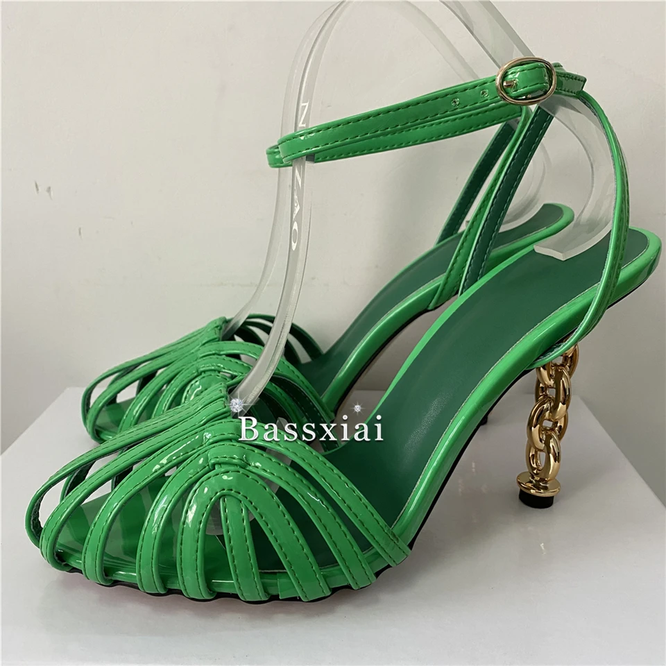 Sexy Narrow Band Fretwork Sandals For Girls Women Twist Metal High Heel Ankle Strap Modern Summer Shoes