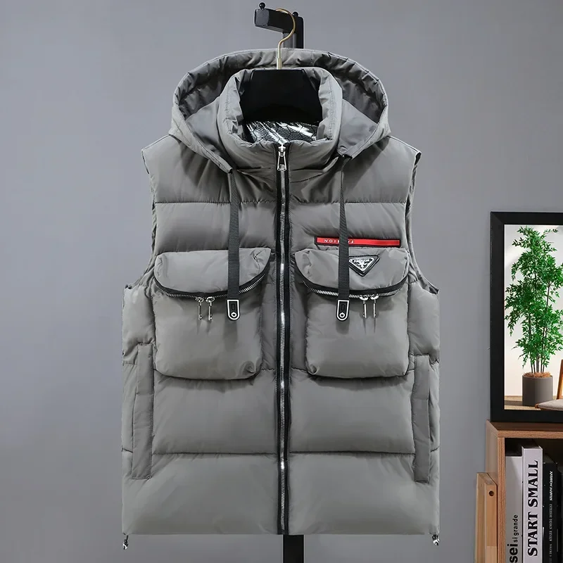 New in Padded Vest Men Winter Hooded Zip-up Turtleneck Sleeveless Jacket Male Cotton Down Autumn Warm Pocket Work Wear Waistcoat