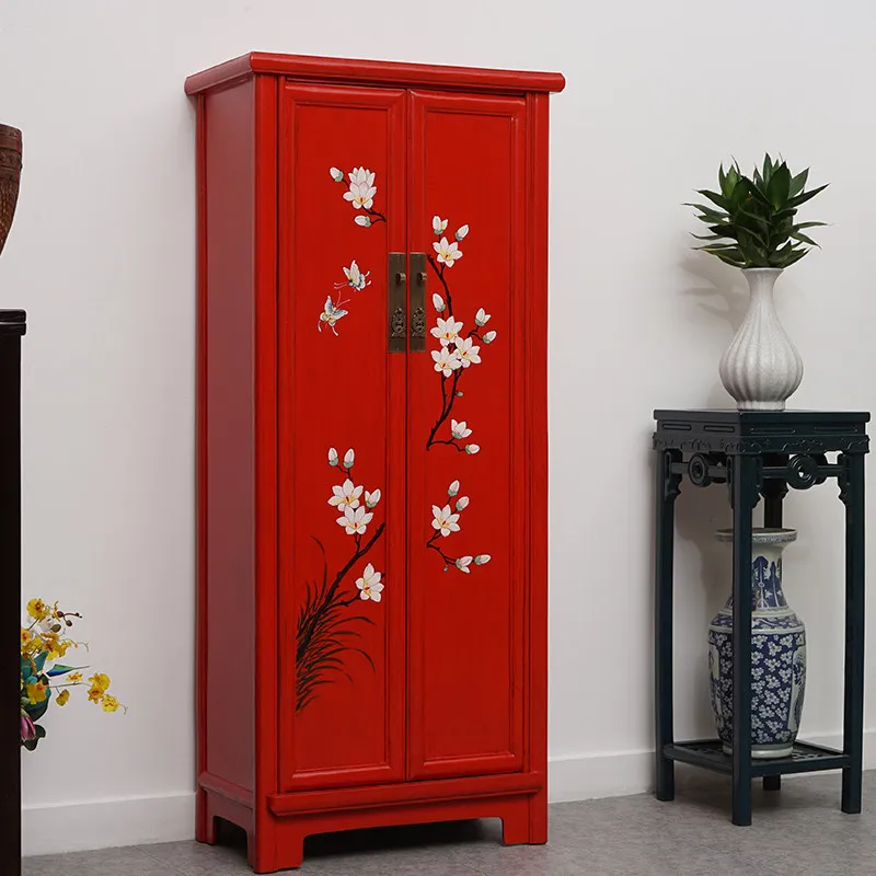 Antique retro solid wood red wardrobe classical painted decorative furniture bedroom storage storage high cabinet