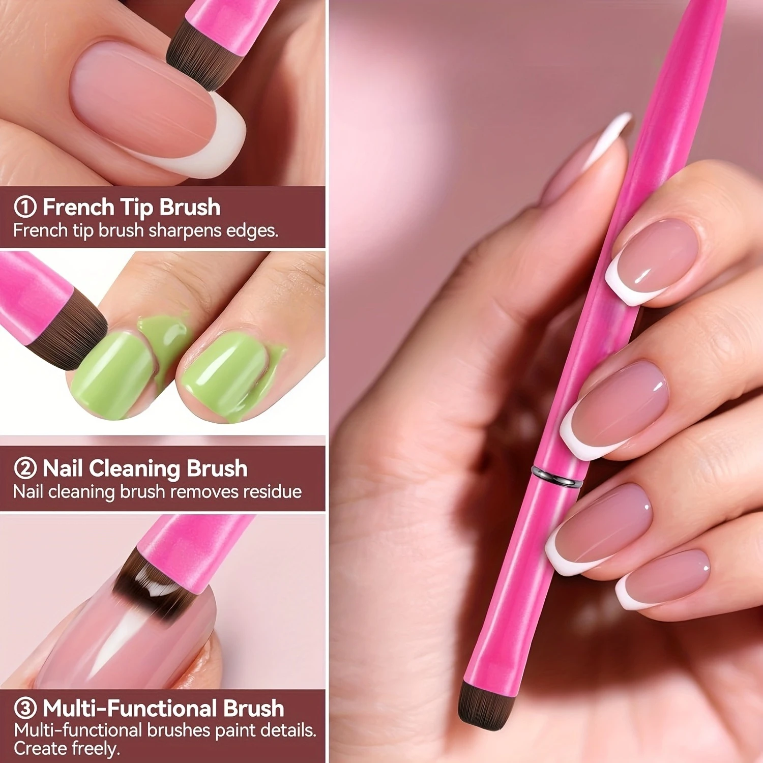 3-in-1-Nagelbürste im französischen Stil – Nylonborsten für Gel- und Acryl-Nagelkunst, Präzisionsreinigungs- und Punktierwerkzeug, DIY-Maniküre-Set