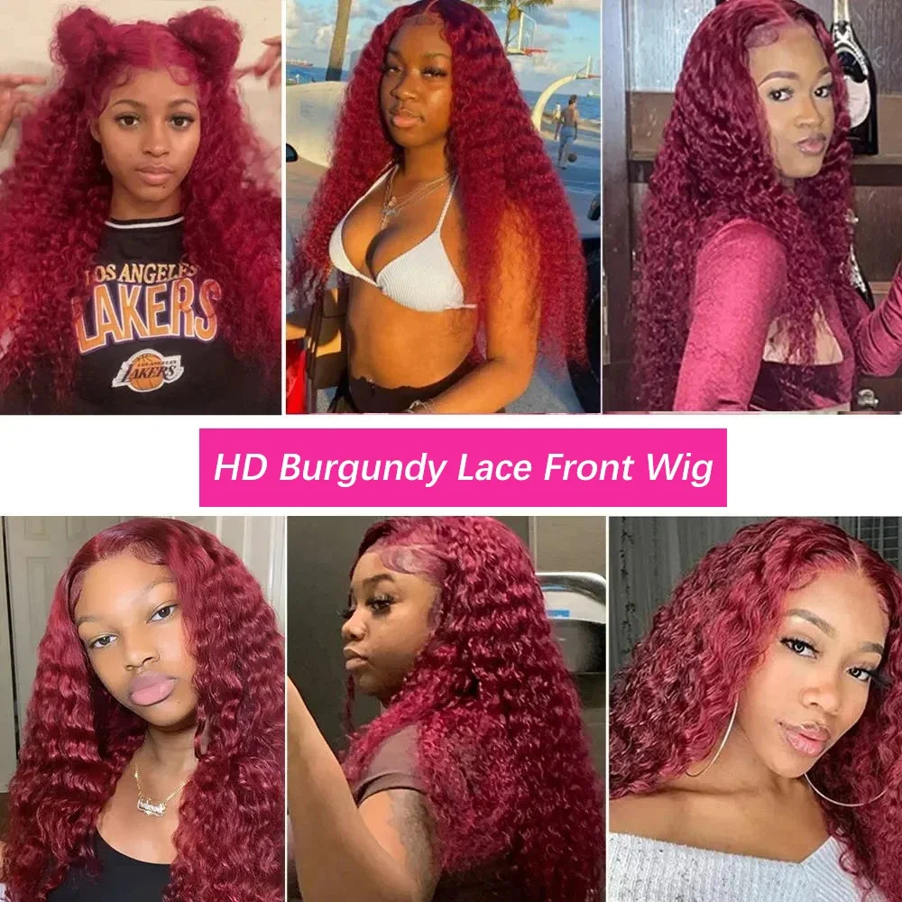 Perruque bouclée Deep Wave pour femme, perruques de cheveux humains, couleur bordeaux, 13x6, 13x4, HD Lace Frmeds, 30 po, Cosplay Choice