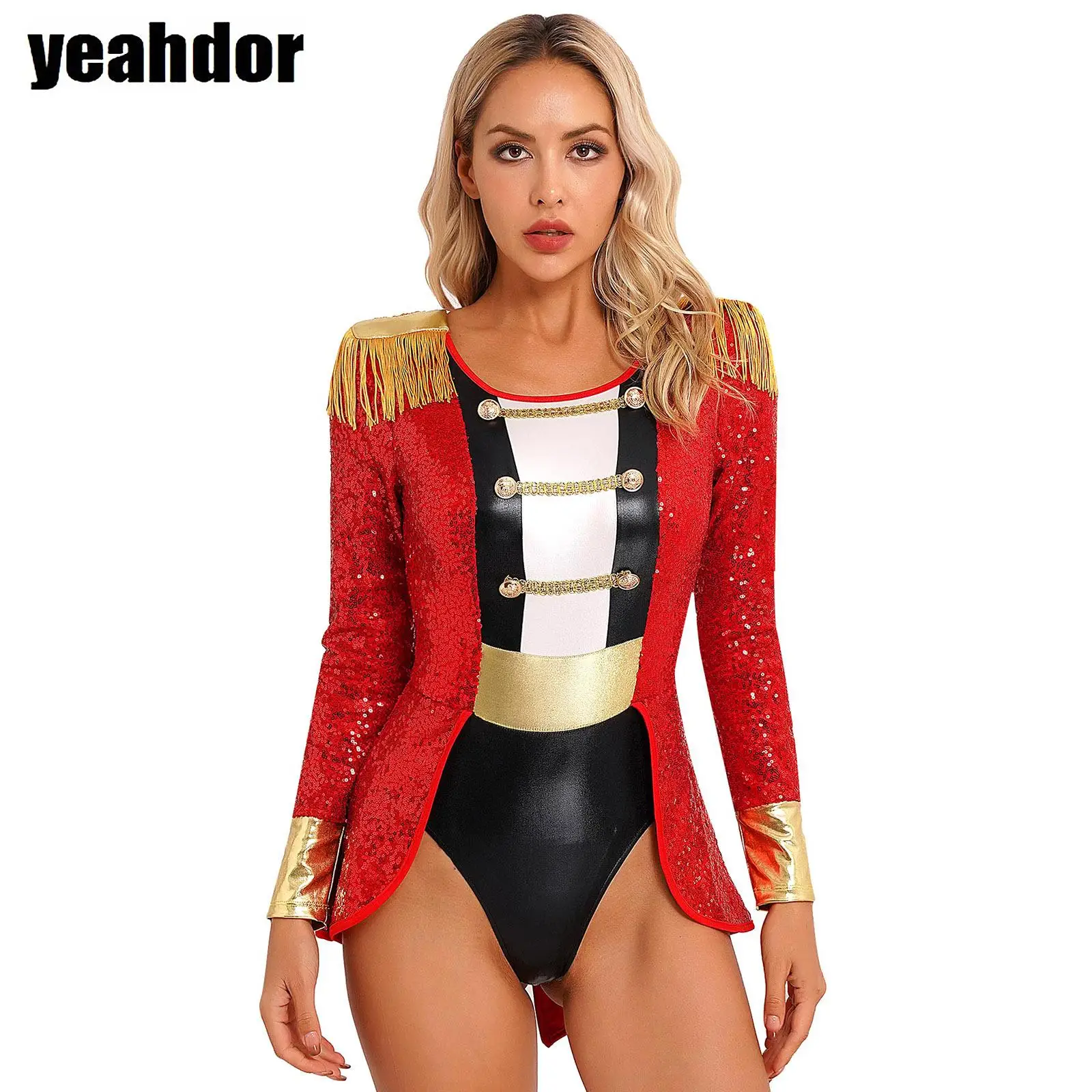 

Women Circus Ringmaster Costume Halloween Carnival Party Dress Up Tassel Tuxedo Leotard Bodysuit Fancy Dress Ballet Dance Jersey